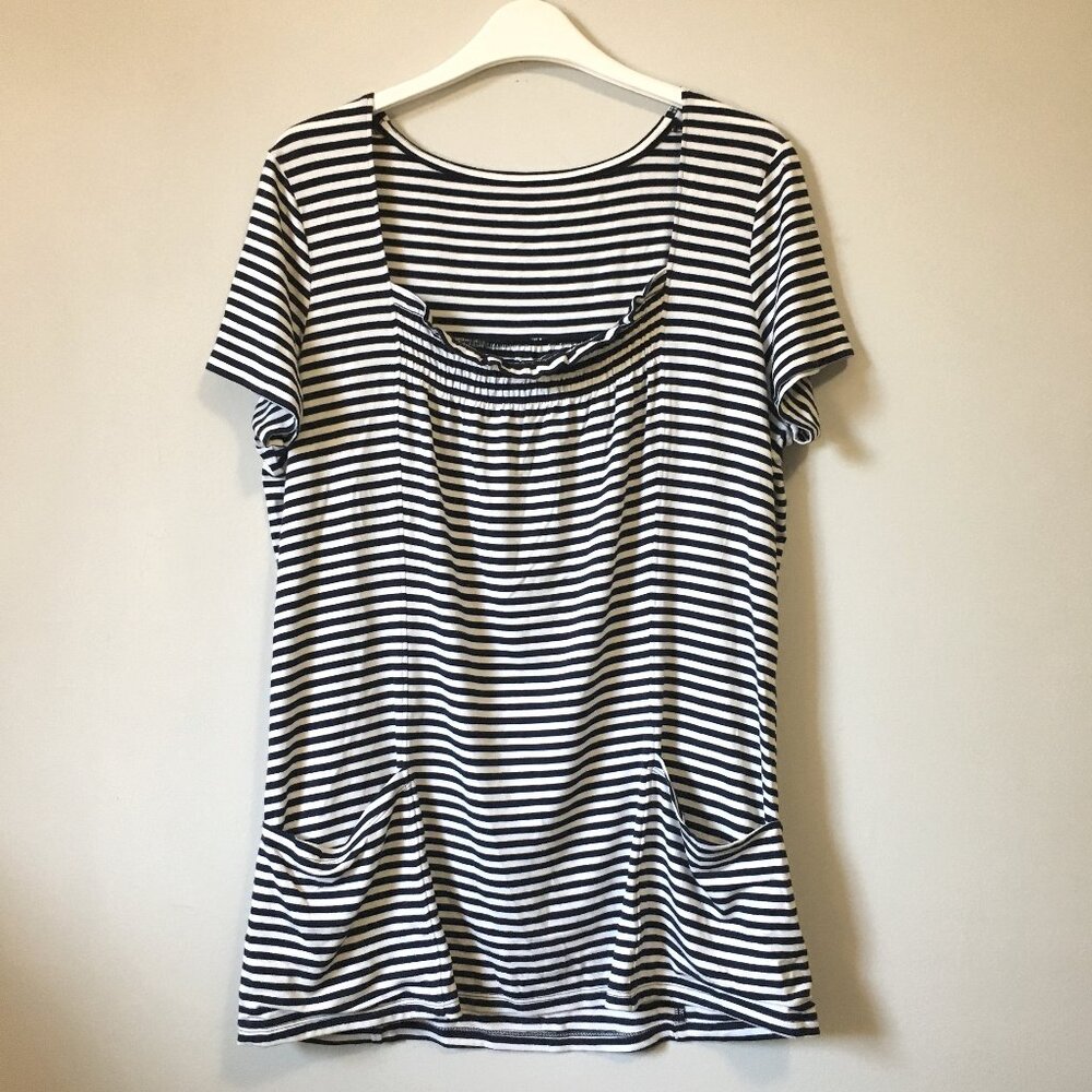 Gothic Punk B&W Striped Smock Square Neck Pocket Tee Top